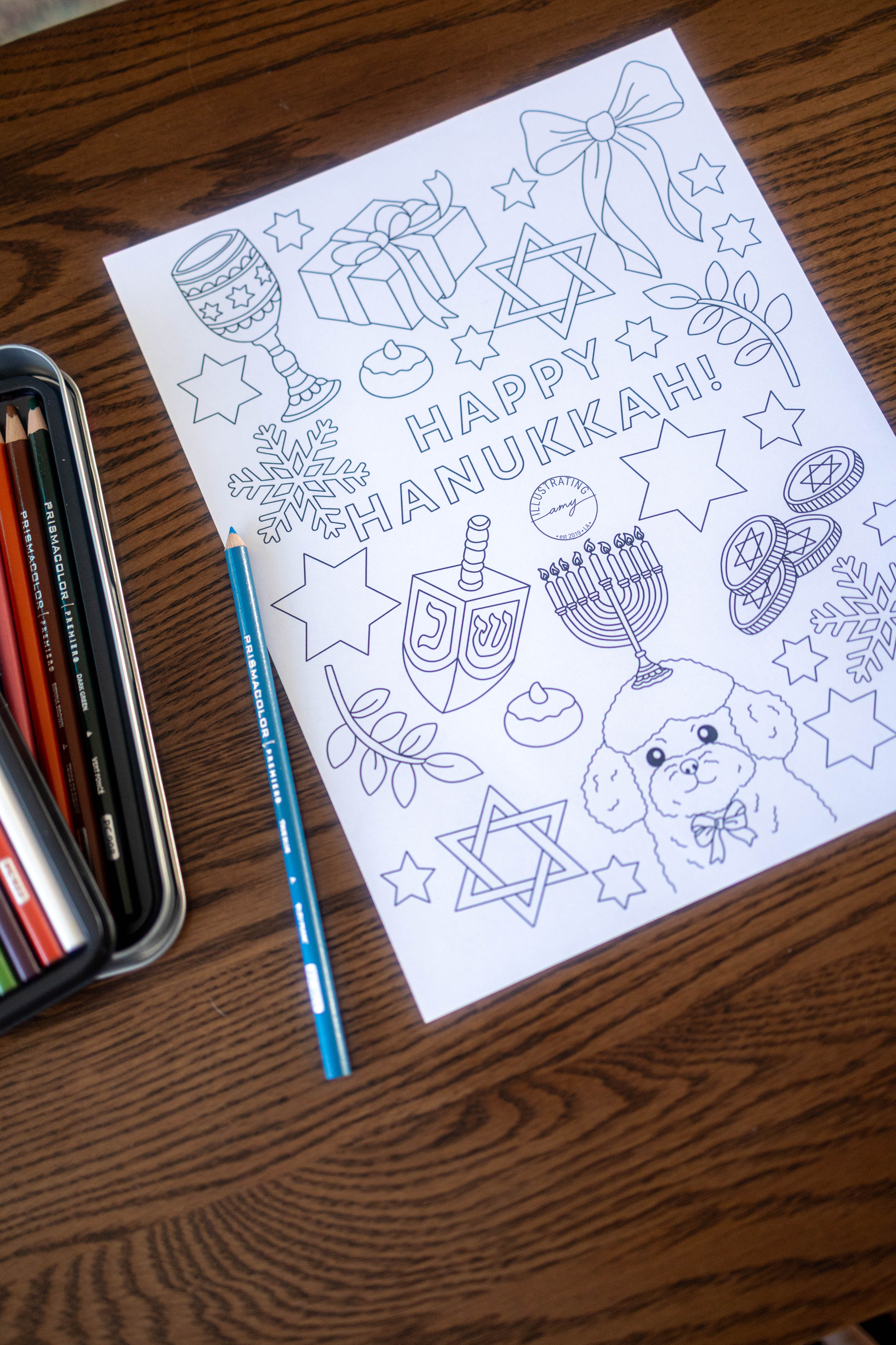 Hanukkah Coloring Sheet – Printable Holiday Art – Illustrating Amy