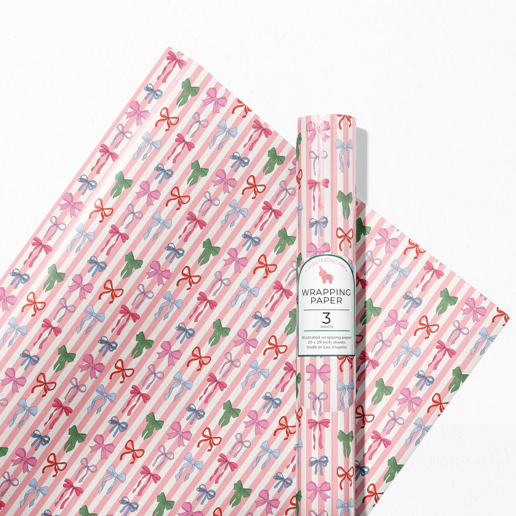 Striped Bows Gift Wrap 3 Sheets Rolled