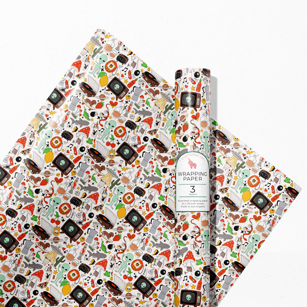 Retro Print Gift Wrap 3 Sheets Rolled