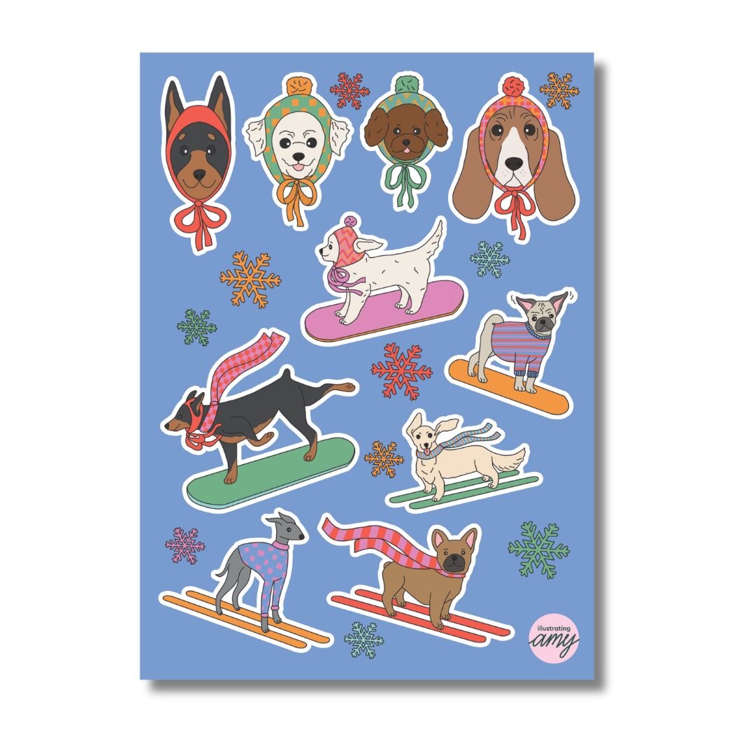 Snowboarding Dogs Sticker Sheet