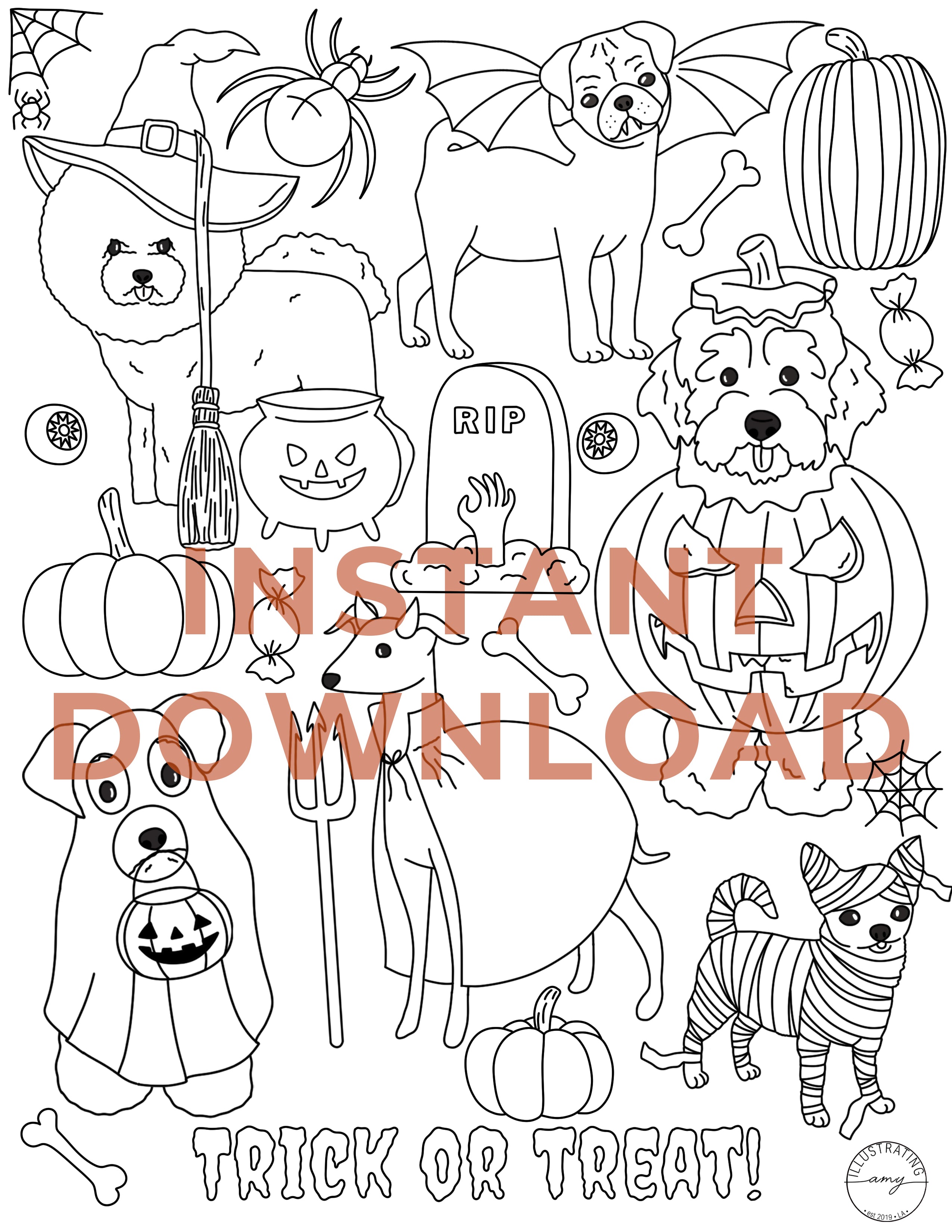 Trick-or-Treat Dogs Coloring Sheet – Printable Halloween Art