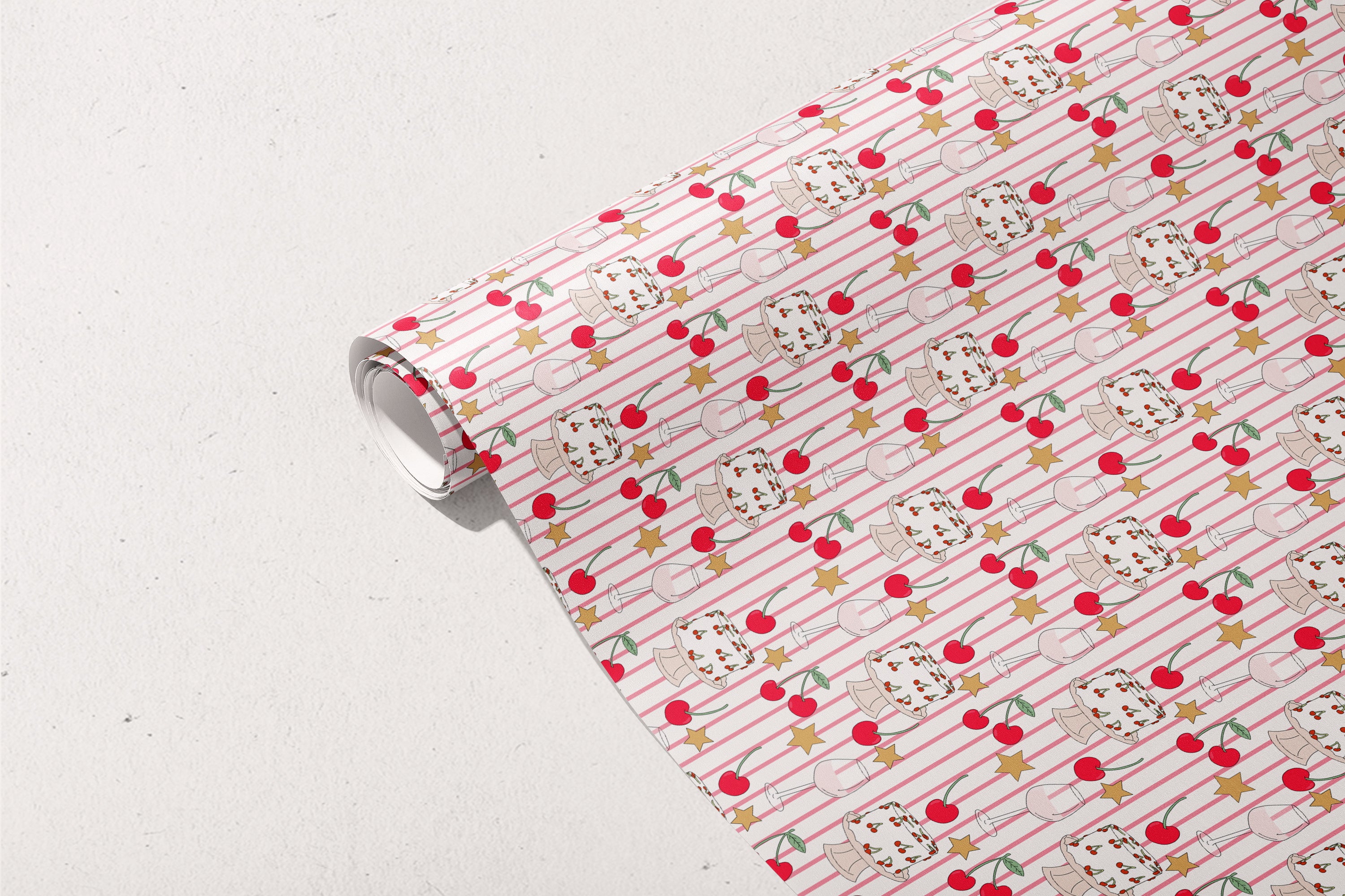 Cherry Stripes Gift Wrap 3 Sheets Rolled