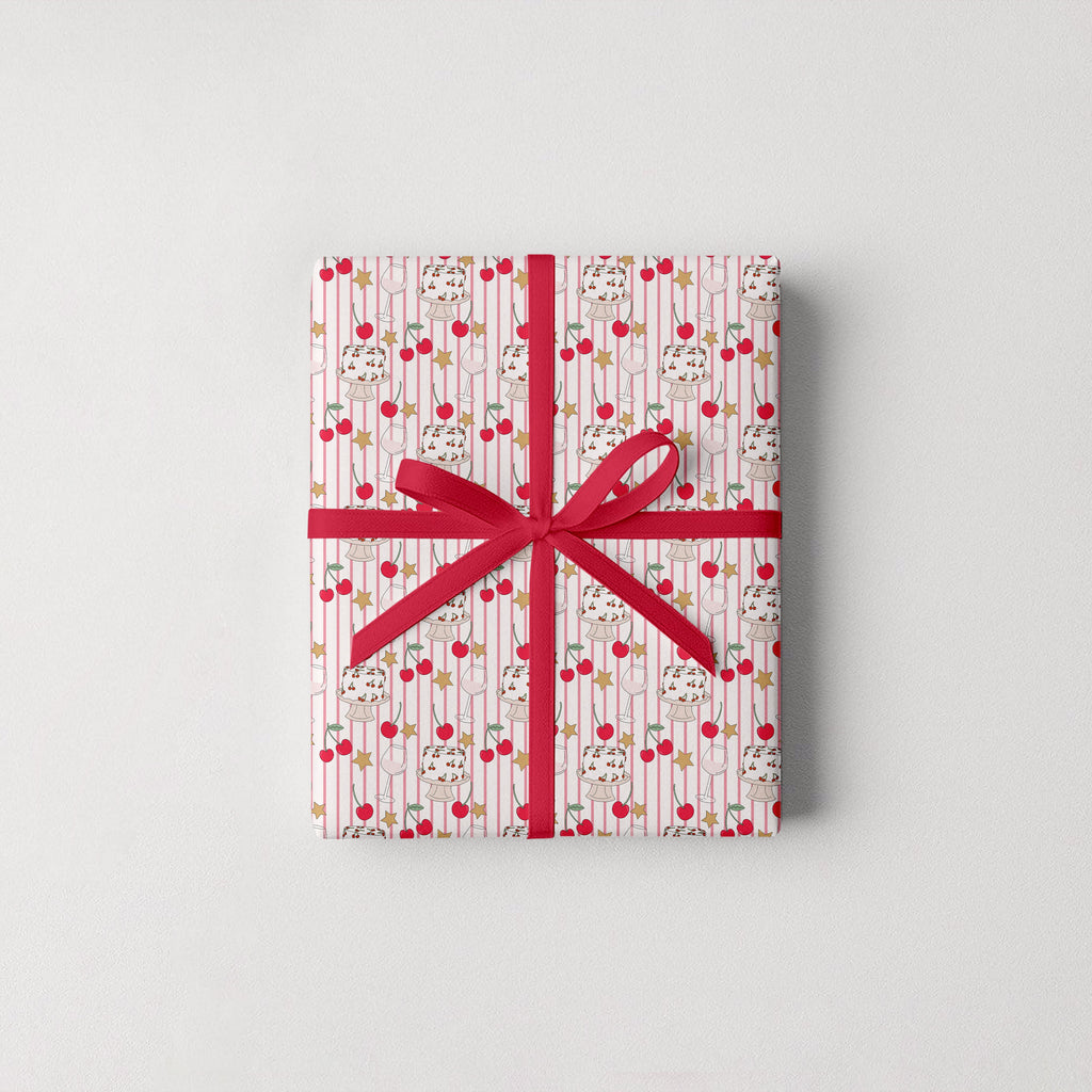 Cherry Stripes Gift Wrap 3 Sheets Rolled