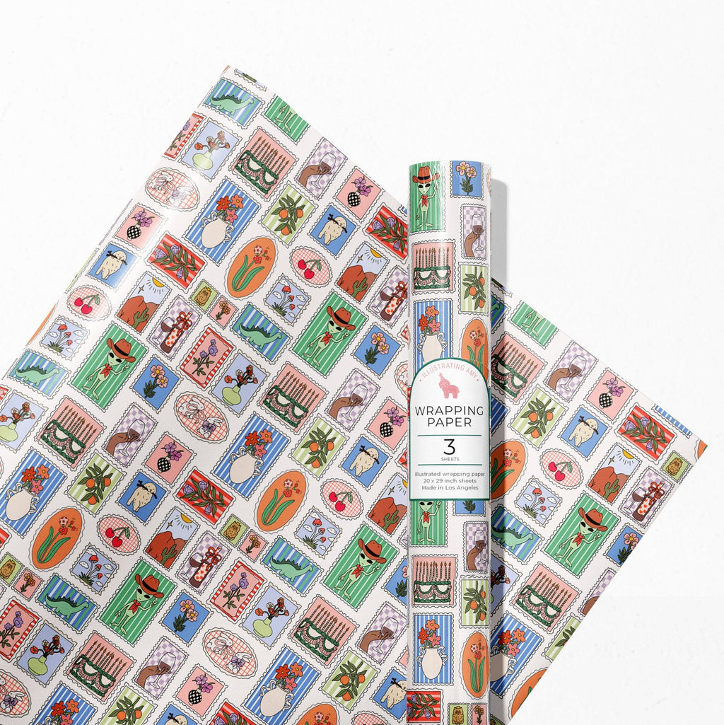 Stamp Print Gift Wrap 3 Sheets Rolled