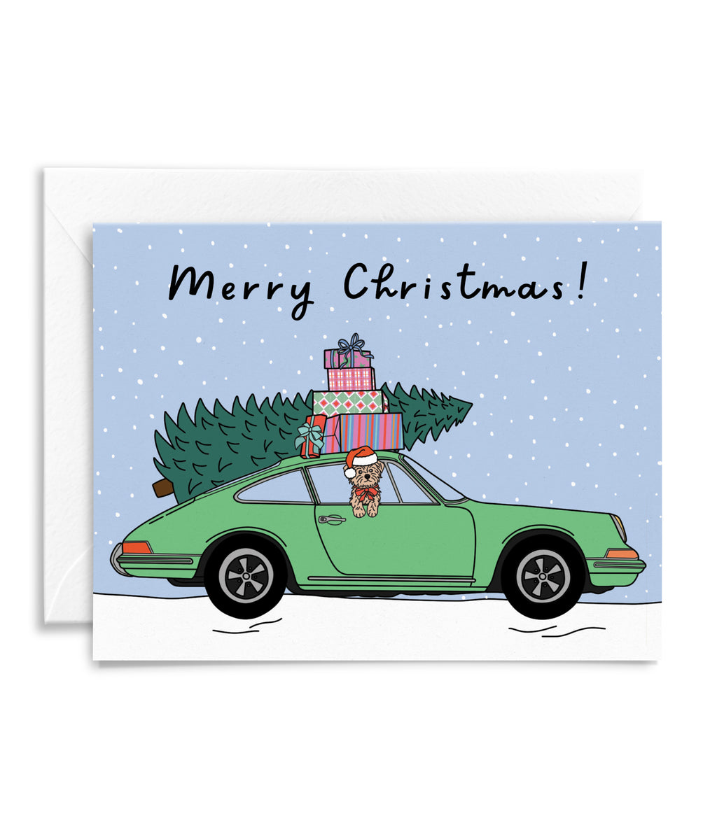 Festive Dog Christmas Tree Car Greeting Card