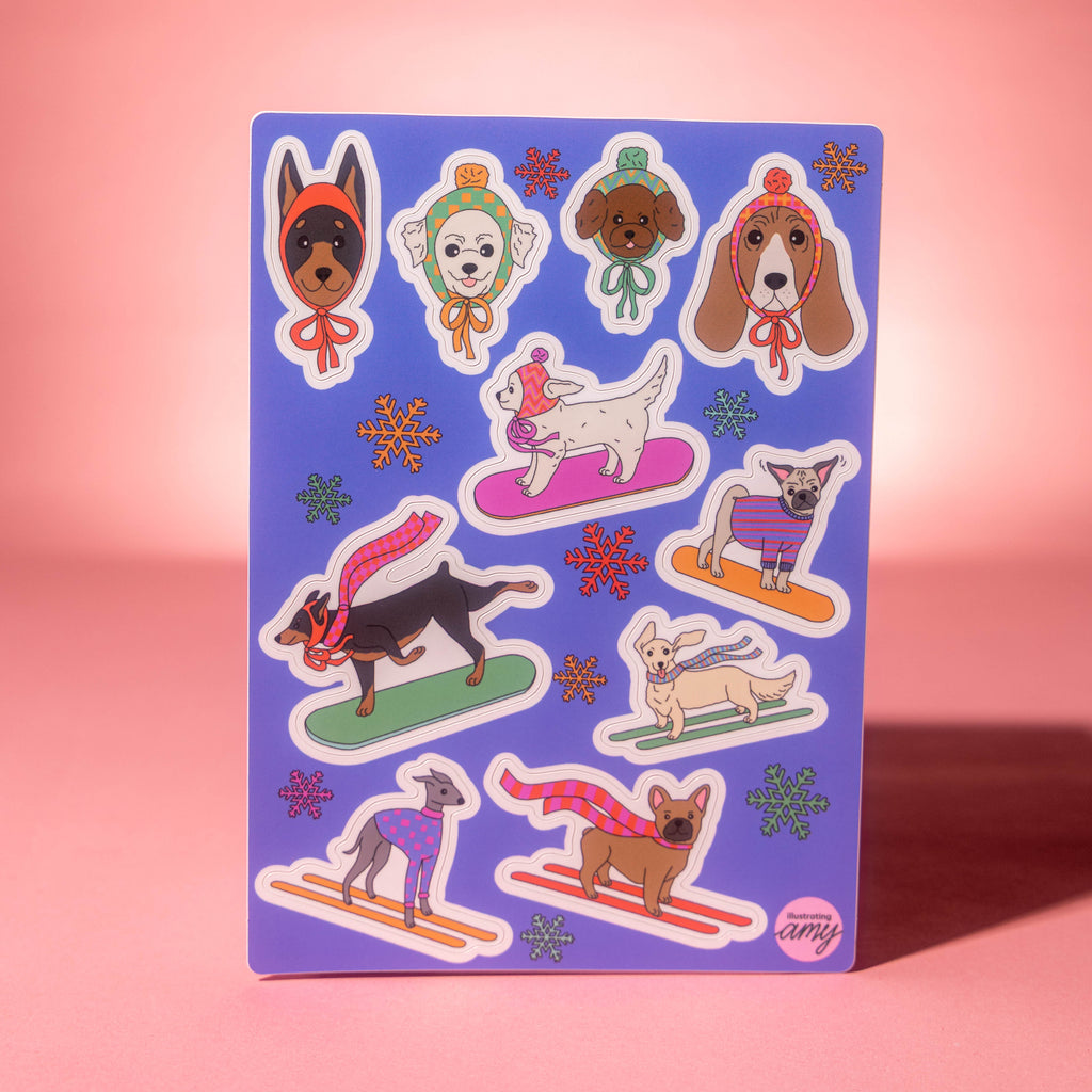 Snowboarding Dogs Sticker Sheet