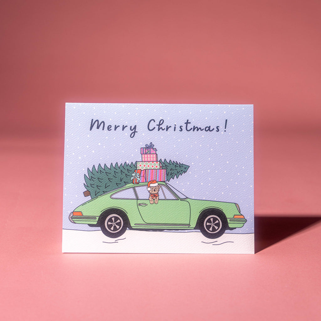 Festive Dog Christmas Tree Car Greeting Card