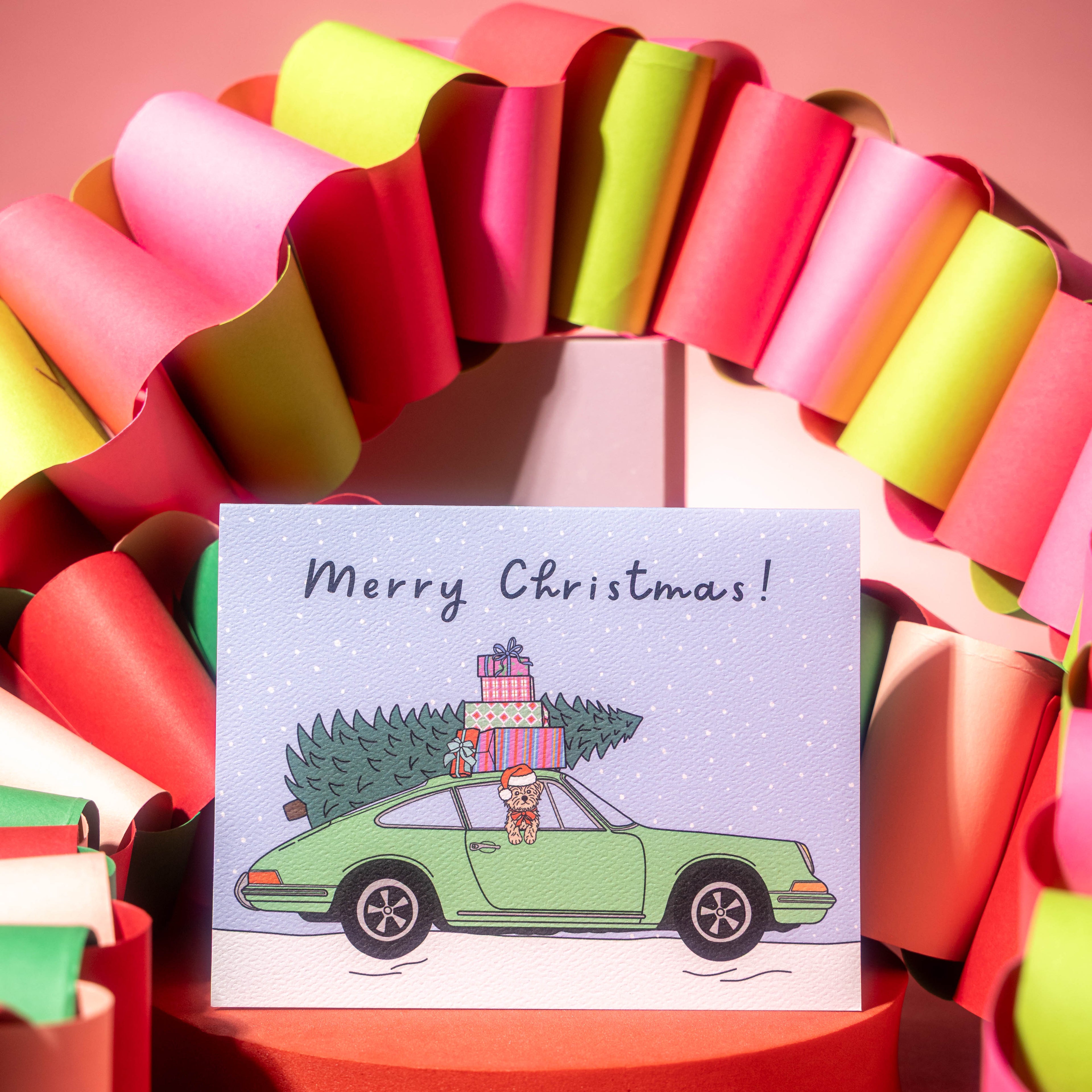 Festive Dog Christmas Tree Car Greeting Card